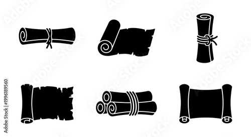 Vintage paper scroll icons set, black silhouette ancient parchment rolls, 6 vector elements for fantasy maps and historical document design