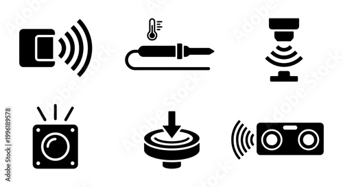 Industrial sensor icons set, black vector electronic component symbols, temperature and motion detection signs, 6 automation hardware elements