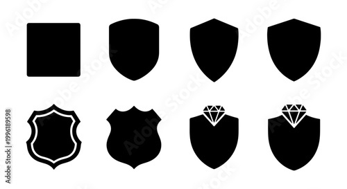 Minimalist shield icon set, black security badges and heraldic crest silhouettes, 8 vector protection symbols for logo design and branding