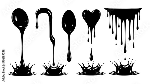 Black sea waves and water droplets in a stencil. A vector set of cry droplet icons and liquid elements. Sauce, ink, and isolated splashes of river