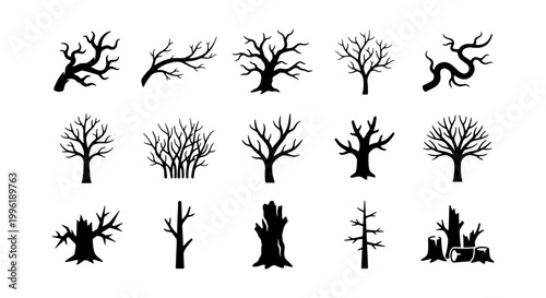 Dead tree silhouettes collection, 15 spooky leafless branches and bare trunks, black winter forest wood vector set for Halloween design