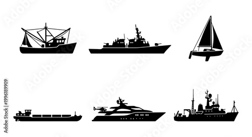 Obraz na plátně Nautical ship silhouette collection, set of 6 marine vessel icons, black boat ve