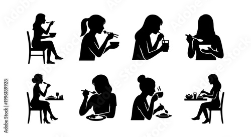 Black silhouette woman eating set, female figures having lunch and dinner icons, collection of 8 vector people dining and drinking coffee