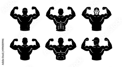 Bodybuilder silhouette icons set, muscular male fitness athlete posing, 6 black vector gym logo elements for bodybuilding and weightlifting branding