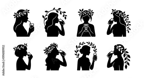 Minimalist woman silhouette drinking water set, 8 black vector icons of female profiles with floral wreaths, healthy lifestyle hydration concept