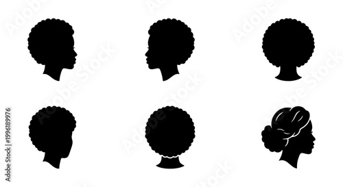 Black woman silhouette head icons with afro hair, African American female profile set, 6 vector avatars with natural curly hairstyles and headwrap