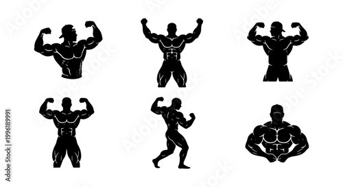 Muscular bodybuilder silhouettes set, 6 black vector icons of strong male athletes posing, fitness and bodybuilding gym logo elements for sports branding