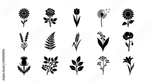 Minimalist black flower icons set, 15 floral silhouette vector elements, botanical garden plant symbols for logo design and branding