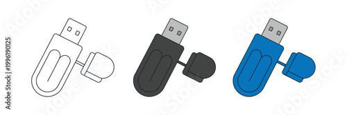USB flash drive icon vector set with solid, and colored variants for data storage, file transfer, and digital device design