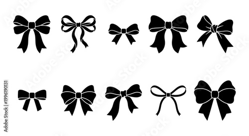Black ribbon bow silhouettes, set of 10 decorative gift bow icons, elegant satin ribbon knot vector illustrations for wedding invitations and packaging