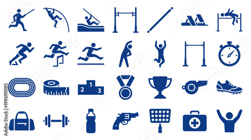 Collection of athletic sports icons and symbols representing various track and field events and equipment, fitness and competition elements