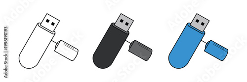 USB flash drive icon vector set with solid, and colored variants for data storage, file transfer, and digital device design