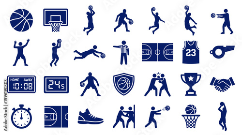Collection of basketball icons and symbols representing the sport of basketball and its elements including players referees court equipment and awards
