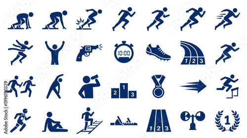 Collection of athletic icons depicting running track and field events, training, and competition symbols for sports and fitness concepts