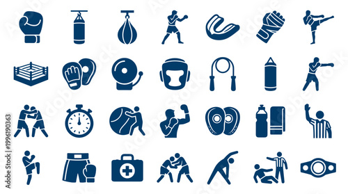 Collection of boxing and combat sports icons representing training equipment, athletes, and competition elements in a clean blue design.