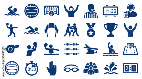 Collection of blue water polo sport icons and symbols representing swimming, goals, referees, scoring, and team play on a white background