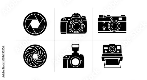 Minimalist camera icon set, professional photography equipment symbols, black and white digital SLR and vintage film camera vector illustrations