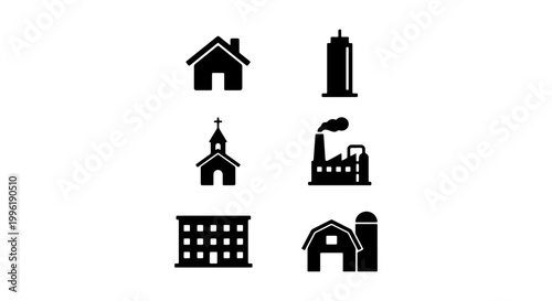 Minimalist building icon set, black silhouette architecture symbols, collection of 6 vector icons for urban and rural infrastructure mapping