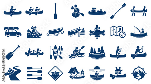 Canoeing and Kayaking Icons Set Outdoor Recreation Activities Symbols Water Sports Adventure and Travel Collection