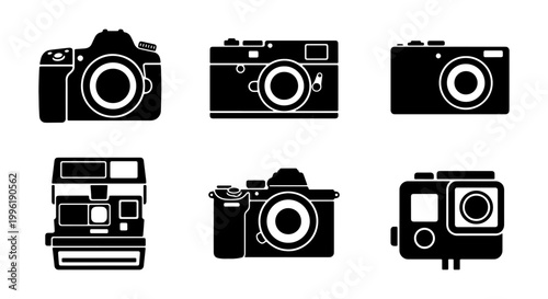 Vintage and modern camera icons set, black silhouette photography equipment collection, 6 professional digital and analog camera vector illustrations