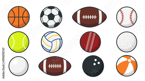 A collection of various sports balls, including basketball, soccer, football, baseball, tennis, volleyball, cricket, golf, bowling, and beach ball.