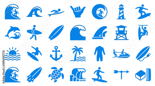 Collection of blue surfing and ocean icons representing water sports, beach activities, marine life, and coastal lifestyle elements