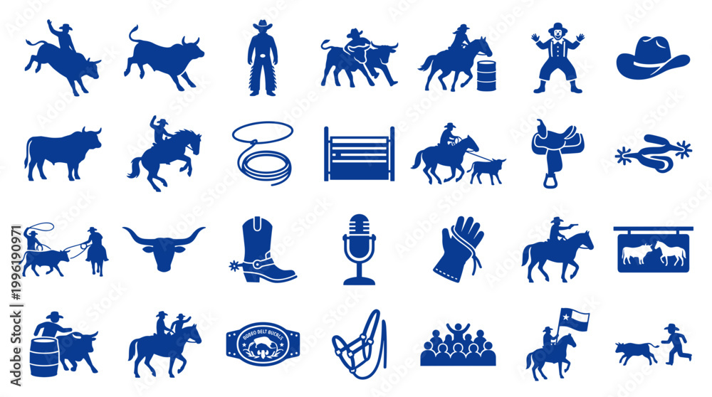 Αυτοκόλλητο Collection of blue cowboy and rodeo icons representing western lifestyle ranchin