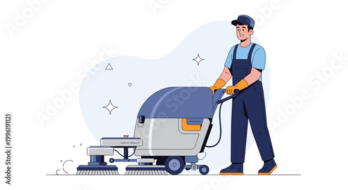 Professional worker operates a large industrial floor scrubbing machine to maintain cleanliness in a wide open space.