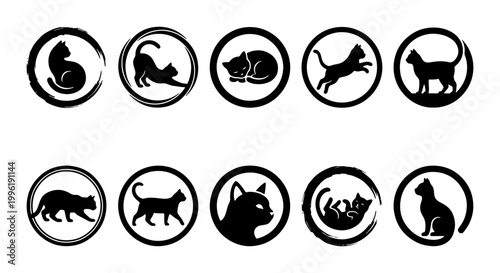 Minimalist cat logo set, 10 black feline silhouettes in zen circles, artistic kitten icons for pet branding and veterinary clinic identity