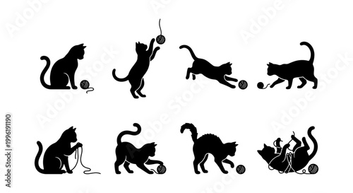 Black cat silhouette collection, 8 playful kitten vector icons playing with yarn balls, feline pet animal silhouettes in various poses