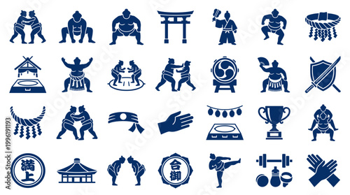 Schilderij op canvas Collection of Japanese Sumo Wrestling and Martial Arts Icons Representing Tradit
