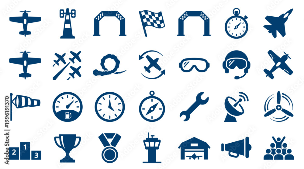 Fototapeta premium Collection of aviation and racing icons representing flight speed competition and achievement in a clean blue and white design