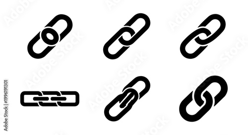 Chain link icon set, black metal hyperlink symbols, 6 minimalist vector chain elements for web design and digital connectivity