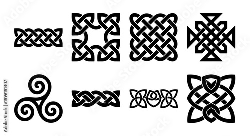 Celtic knot vector set, traditional Irish symbols and triskelion icons, black geometric interlaced ornaments, 8 ancient pagan graphic elements