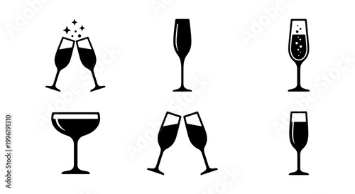 Champagne glass icons set, black silhouette sparkling wine flutes, elegant toasting glasses for celebration and luxury events, 6 vector elements