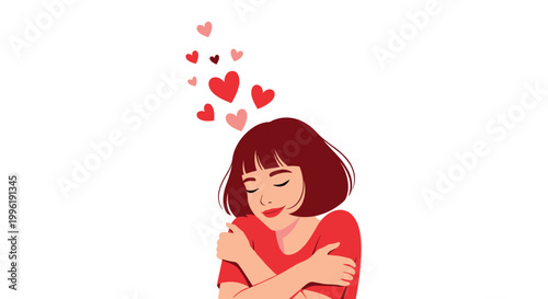 Young woman with short hair closes her eyes and smiles while hugging herself as several small red hearts float above her head.