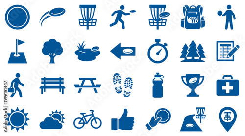 Disc golf icons set for sports and outdoor recreation activities including equipment, players, course elements, and weather symbols