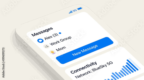 Intuitive mobile UI showcasing a Modular Digital Connectivity System (UI + Network Hybrid), displaying messaging and network status for modern digital communication