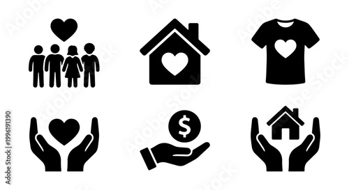 Charity and donation icon set, black solid vector symbols for non-profit organizations, community support and volunteer work collection