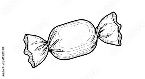 Detailed black and white line drawing of a wrapped candy sweet with a textured center and decorative ends on a white background.