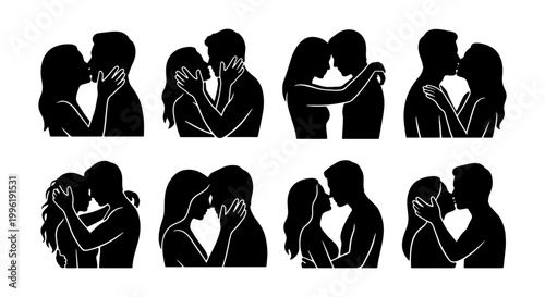 Romantic couple silhouette icons set, black kissing people vector graphics, 8 intimate lovers illustrations for wedding and valentines day design