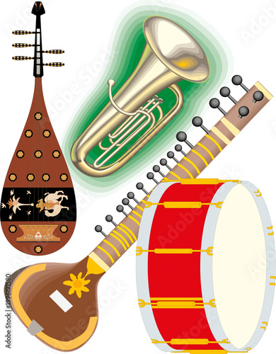 Foto Musical instruments collection features a sitar, a trumpet, a drum, and a lute arranged in a vibrant artistic composition
