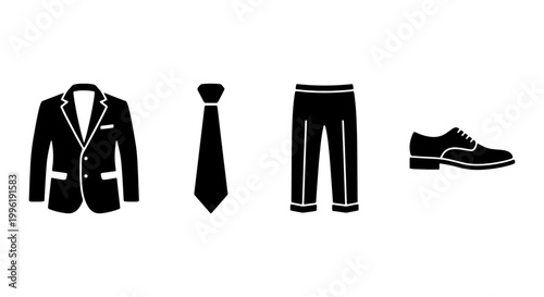 Formal menswear icons set, black business suit jacket and necktie vector, professional dress code trousers and leather shoe silhouettes