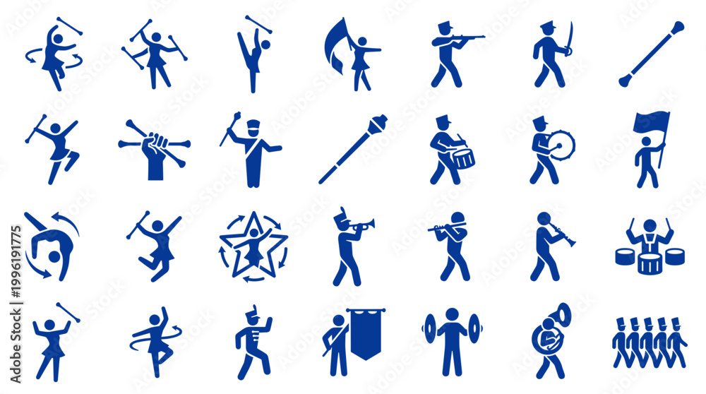 Αυτοκόλλητο Marching Band Performance Icons Set Blue Silhouette Figures Showcasing Musical I
