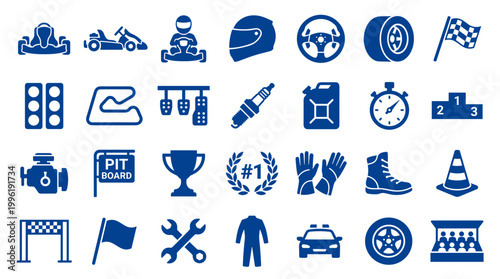 Collection of racing icons and symbols representing speed competition and motorsport elements for automotive and sports themes