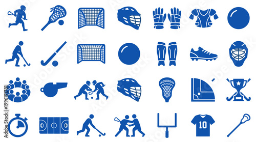 Collection of blue lacrosse and field hockey sport icons and symbols on white background representing equipment players goals and action
