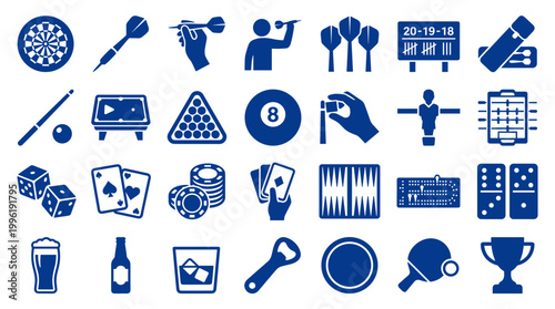 Collection of blue icons representing various indoor games and leisure activities including darts billiards cards dice and board games