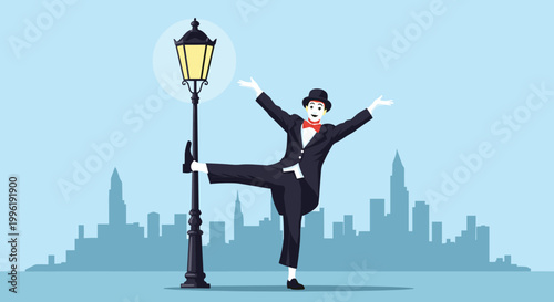 Mime artist in a classic black and white costume performing a pose near a vintage street lamp against a silhouetted city skyline.