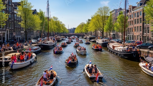 Crowded Canal in Amsterdam during King's Day Celebration in Netherlands