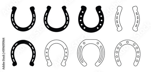 Horseshoe icon vector bundle set featuring silhouettes and outline styles for luck symbol, western theme, and decorative design use